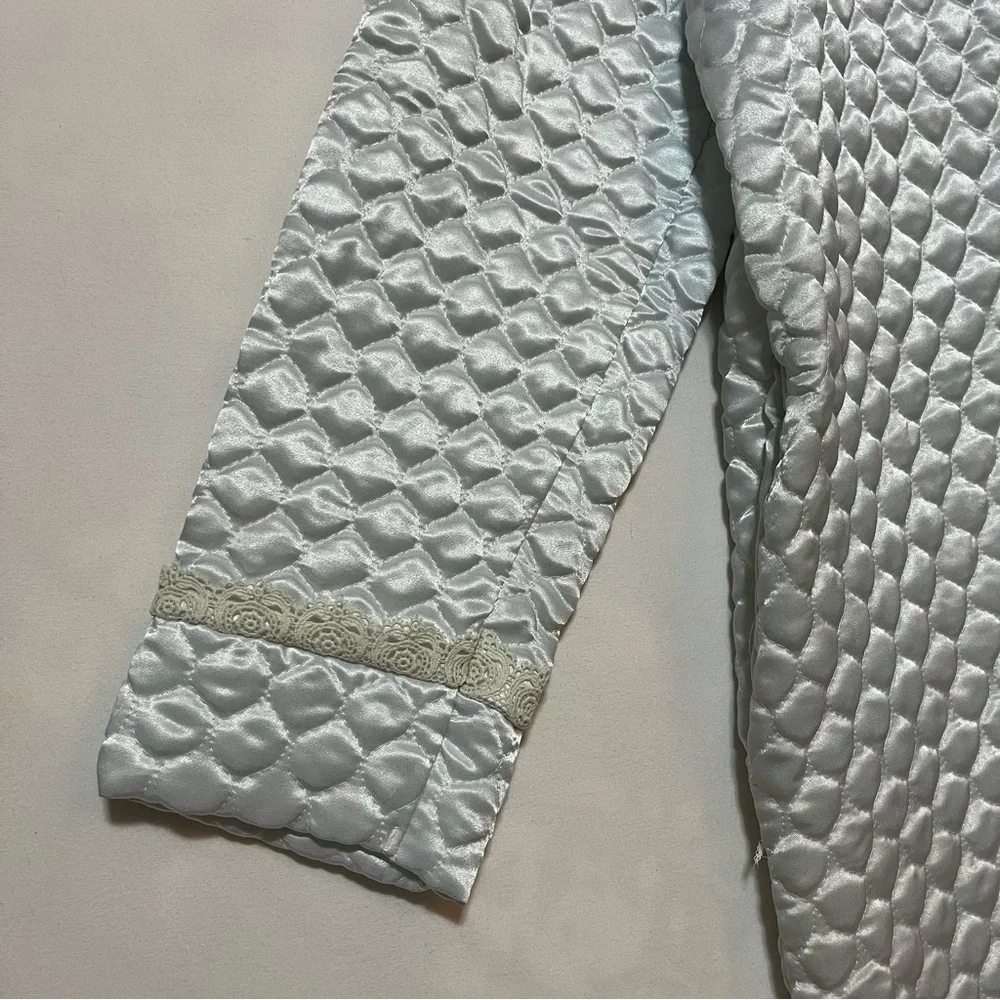 Vintage Dior Junior Quilted Satin‎ Lace Trim Robe Coat Light Blue Hostess 1960s